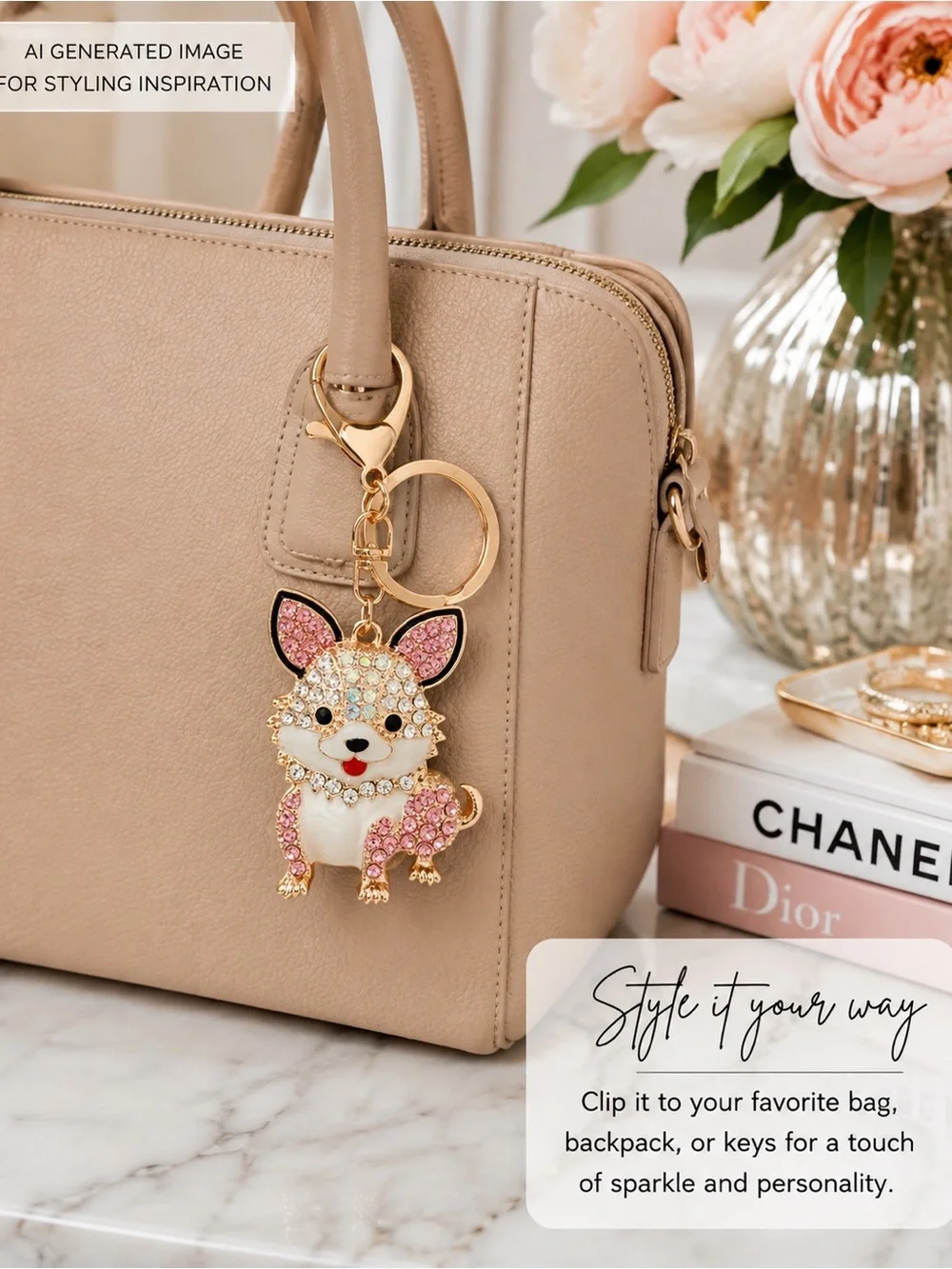 NWT Rhinestone Corgi Dog Keychain Bag Charm Pink Gold